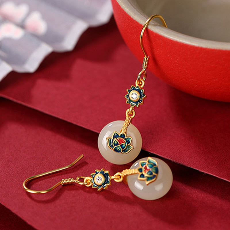 Ensemble de boucles d'oreilles et bague porte-bonheur en jade Hetian plaqué or en argent sterling 925 avec Buddha Stones