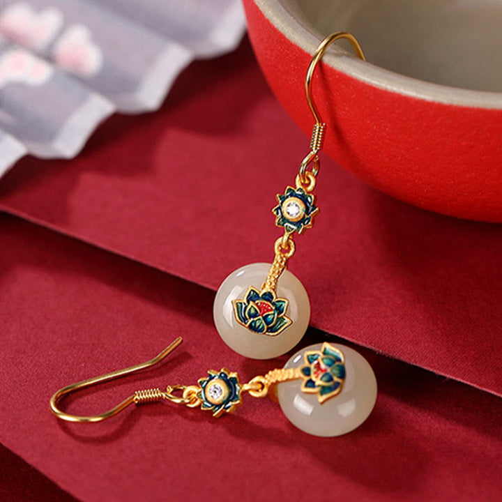 Ensemble de boucles d'oreilles et bague porte-bonheur en jade Hetian plaqué or en argent sterling 925 avec Buddha Stones