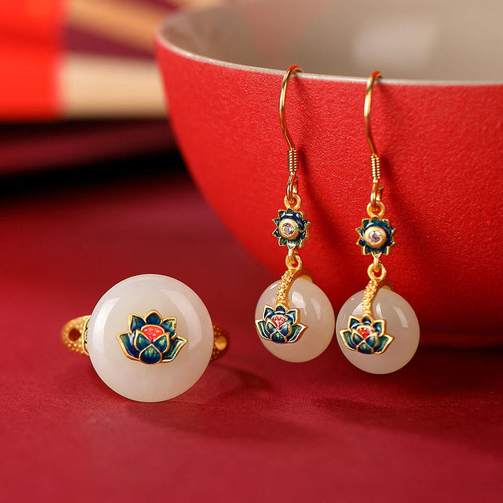 Ensemble de boucles d'oreilles et bague porte-bonheur en jade Hetian plaqué or en argent sterling 925 avec Buddha Stones