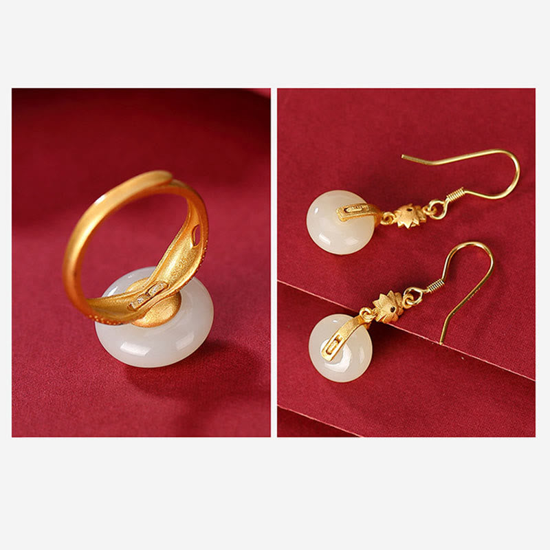 Ensemble de boucles d'oreilles et bague porte-bonheur en jade Hetian plaqué or en argent sterling 925 avec Buddha Stones