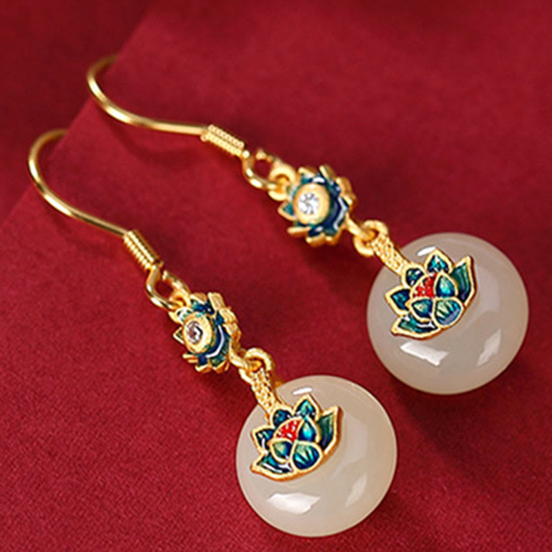 Ensemble de boucles d'oreilles et bague porte-bonheur en jade Hetian plaqué or en argent sterling 925 avec Buddha Stones