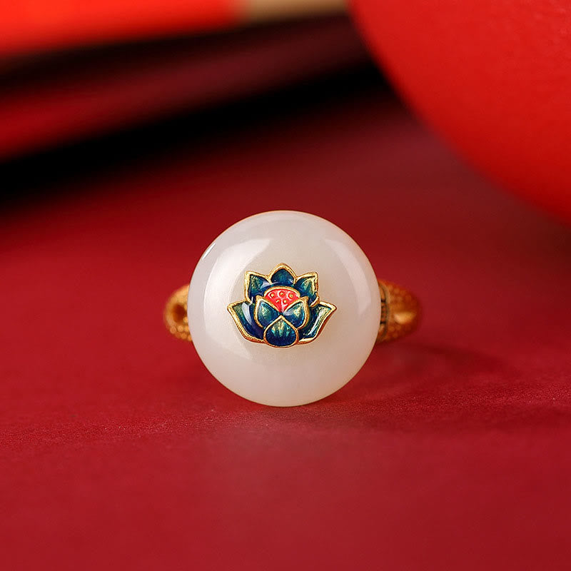 Ensemble de boucles d'oreilles et bague porte-bonheur en jade Hetian plaqué or en argent sterling 925 avec Buddha Stones