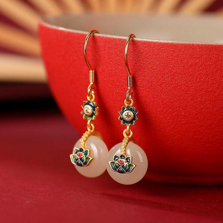 Ensemble de boucles d'oreilles et bague porte-bonheur en jade Hetian plaqué or en argent sterling 925 avec Buddha Stones