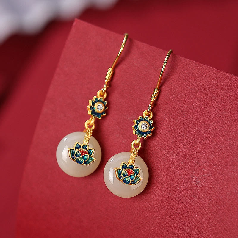 Ensemble de boucles d'oreilles et bague porte-bonheur en jade Hetian plaqué or en argent sterling 925 avec Buddha Stones