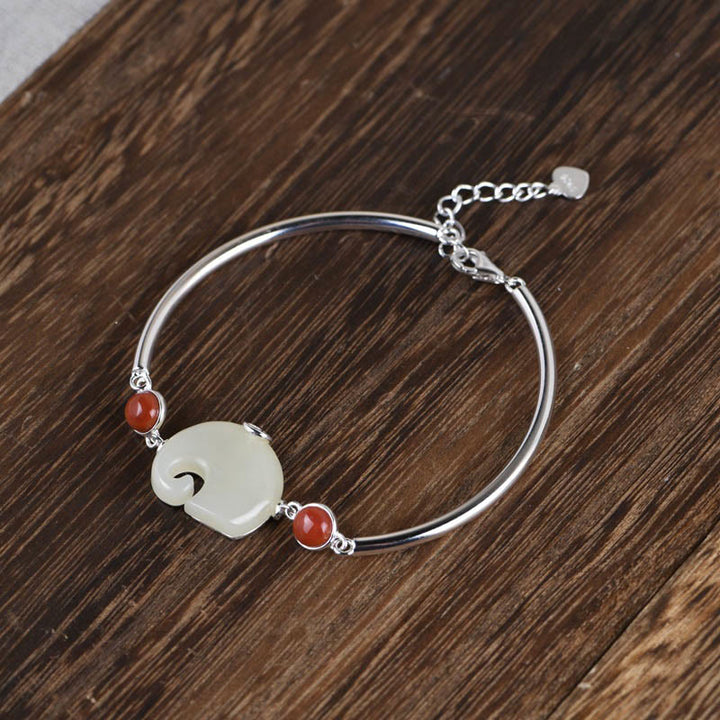 Ensemble collier, pendentif, bracelet, bague et boucles d'oreilles en argent sterling 925 Buddha Stones et éléphant en jade Hetian