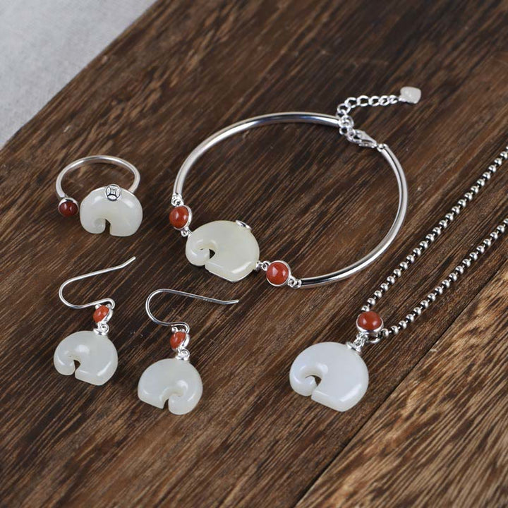 Ensemble collier, pendentif, bracelet, bague et boucles d'oreilles en argent sterling 925 Buddha Stones et éléphant en jade Hetian
