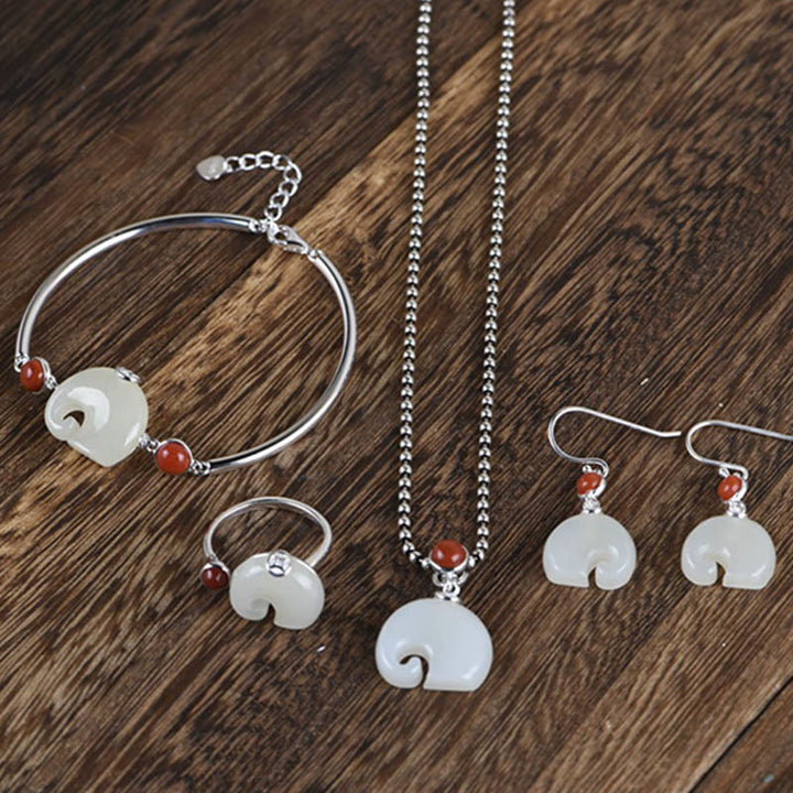 Ensemble collier, pendentif, bracelet, bague et boucles d'oreilles en argent sterling 925 Buddha Stones et éléphant en jade Hetian
