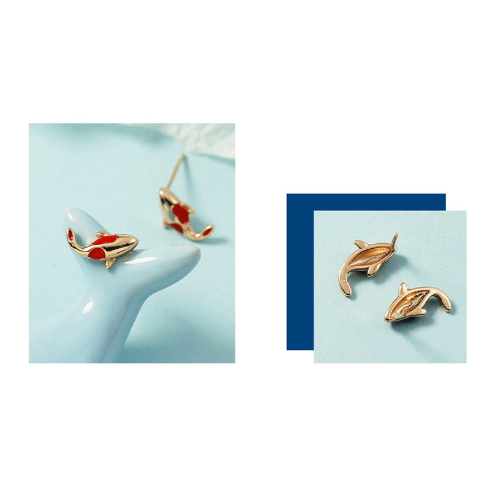 Ensemble de boucles d'oreilles et collier avec pendentif en corde rouge et poisson koï en cuivre et Buddha Stones