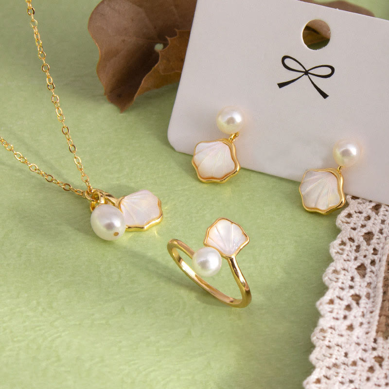 Ensemble de boucles d'oreilles, collier, pendentif, bague et perles en cuivre avec Buddha Stones Ginkgo Tridacna - Ensemble de 3 pièces (collier, bague et boucles d'oreilles) - image 0