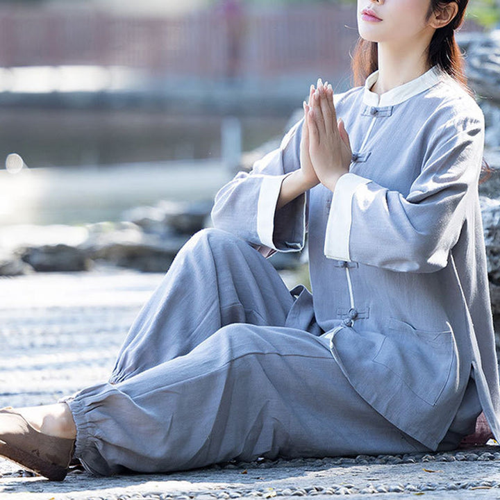 Ensemble 2 pièces Buddha Stones, chemise à manches longues et pantalon à boutons de grenouille, méditation Zen Tai Chi, vêtements en coton et lin pour femmes