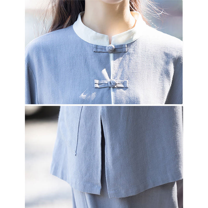 Ensemble 2 pièces Buddha Stones, chemise à manches longues et pantalon à boutons de grenouille, méditation Zen Tai Chi, vêtements en coton et lin pour femmes