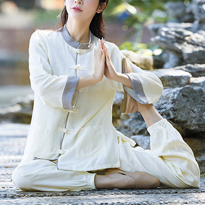 Ensemble 2 pièces Buddha Stones, chemise à manches longues et pantalon à boutons de grenouille, méditation Zen Tai Chi, vêtements en coton et lin pour femmes