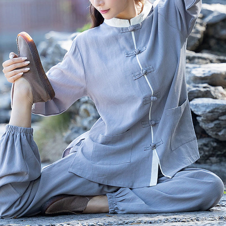 Ensemble 2 pièces Buddha Stones, chemise à manches longues et pantalon à boutons de grenouille, méditation Zen Tai Chi, vêtements en coton et lin pour femmes