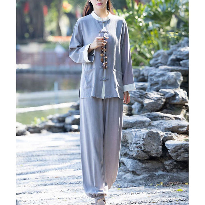 Ensemble 2 pièces Buddha Stones, chemise à manches longues et pantalon à boutons de grenouille, méditation Zen Tai Chi, vêtements en coton et lin pour femmes
