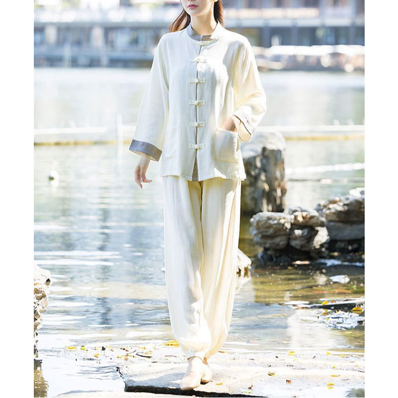 Ensemble 2 pièces Buddha Stones, chemise à manches longues et pantalon à boutons de grenouille, méditation Zen Tai Chi, vêtements en coton et lin pour femmes