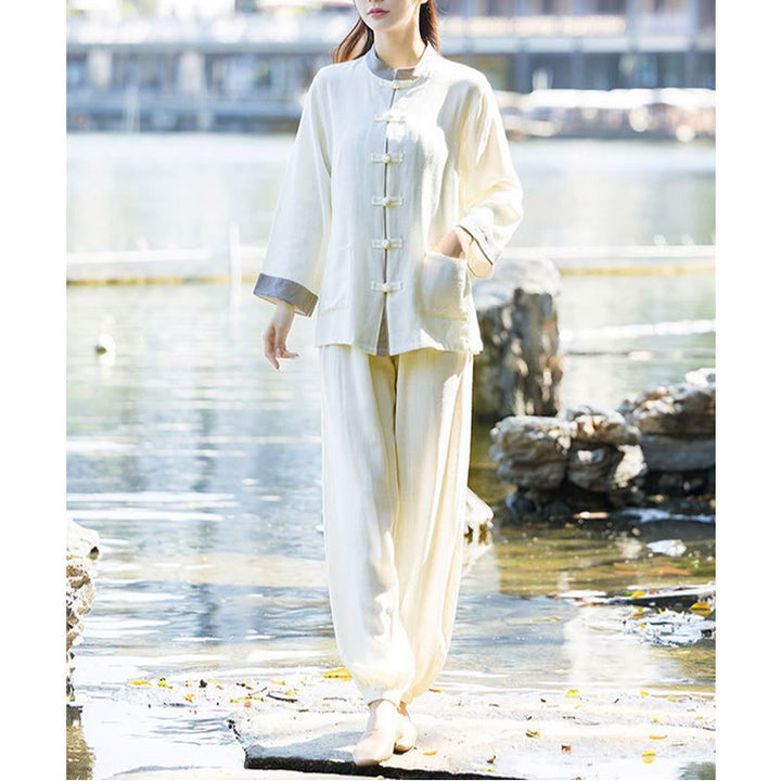 Ensemble 2 pièces Buddha Stones, chemise à manches longues et pantalon à boutons de grenouille, méditation Zen Tai Chi, vêtements en coton et lin pour femmes