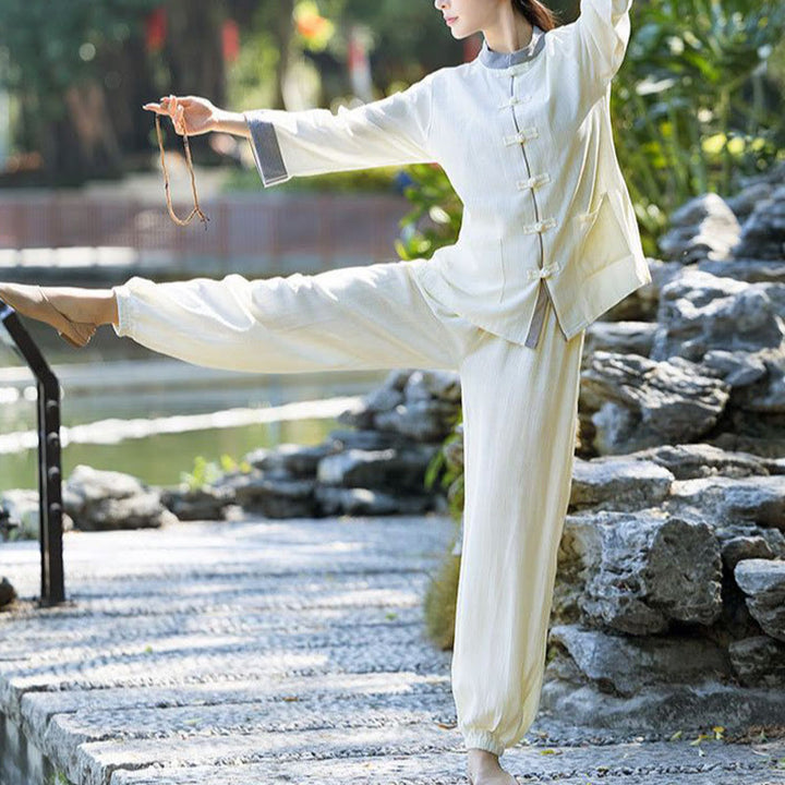Ensemble 2 pièces Buddha Stones, chemise à manches longues et pantalon à boutons de grenouille, méditation Zen Tai Chi, vêtements en coton et lin pour femmes