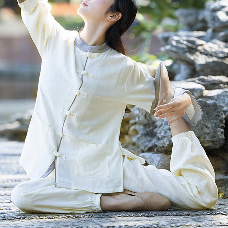 Ensemble 2 pièces Buddha Stones, chemise à manches longues et pantalon à boutons de grenouille, méditation Zen Tai Chi, vêtements en coton et lin pour femmes - image 2