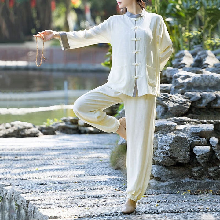 Ensemble 2 pièces Buddha Stones, chemise à manches longues et pantalon à boutons de grenouille, méditation Zen Tai Chi, vêtements en coton et lin pour femmes - Beige (haut et pantalon) - US8-10，UK/AU12-14，EU40-42 (2XL) - image 0