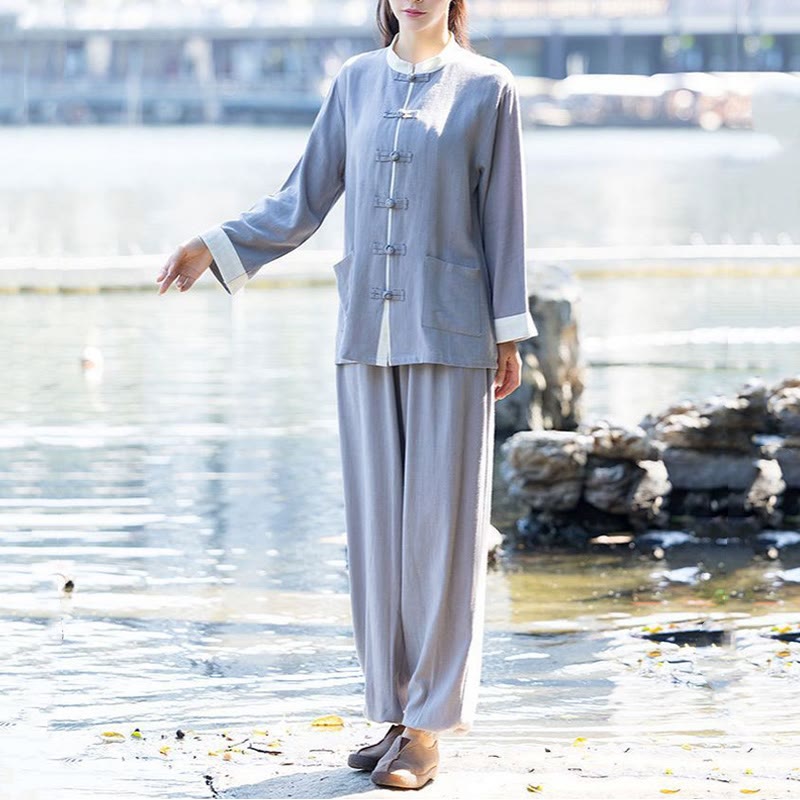 Ensemble 2 pièces Buddha Stones, chemise à manches longues et pantalon à boutons de grenouille, méditation Zen Tai Chi, vêtements en coton et lin pour femmes - Gris (haut et pantalon) - US8-10，UK/AU12-14，EU40-42 (2XL) - image 5