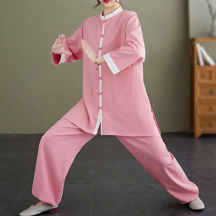 Ensemble 2 pièces vintage en Buddha Stones et lin avec chemise à manches longues et pantalon pour femme, style tai-chi, méditation, zen