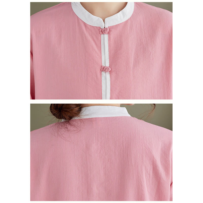 Ensemble 2 pièces vintage en Buddha Stones et lin avec chemise à manches longues et pantalon pour femme, style tai-chi, méditation, zen