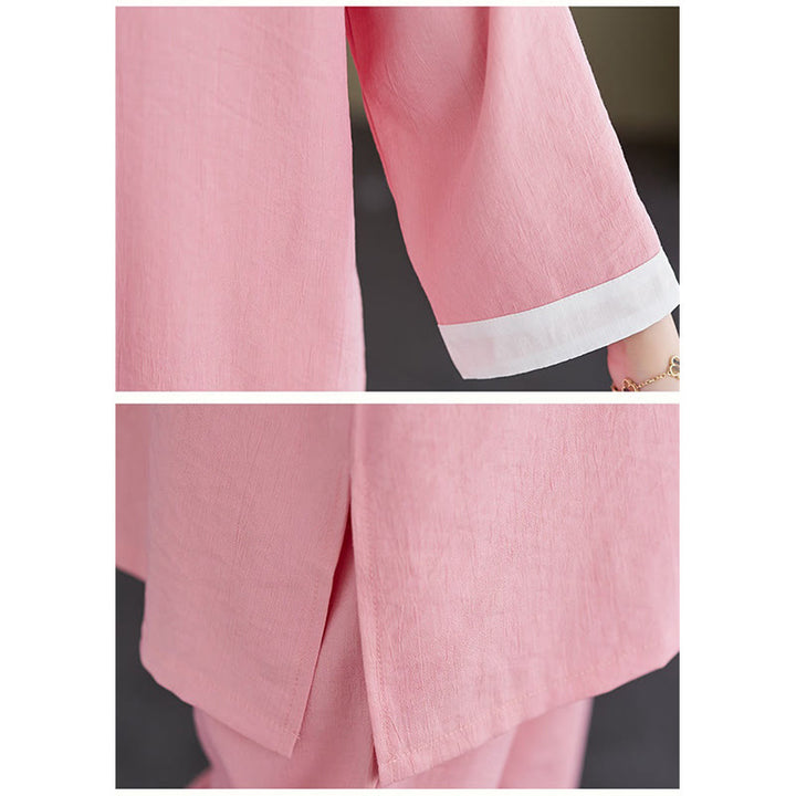 Ensemble 2 pièces vintage en Buddha Stones et lin avec chemise à manches longues et pantalon pour femme, style tai-chi, méditation, zen