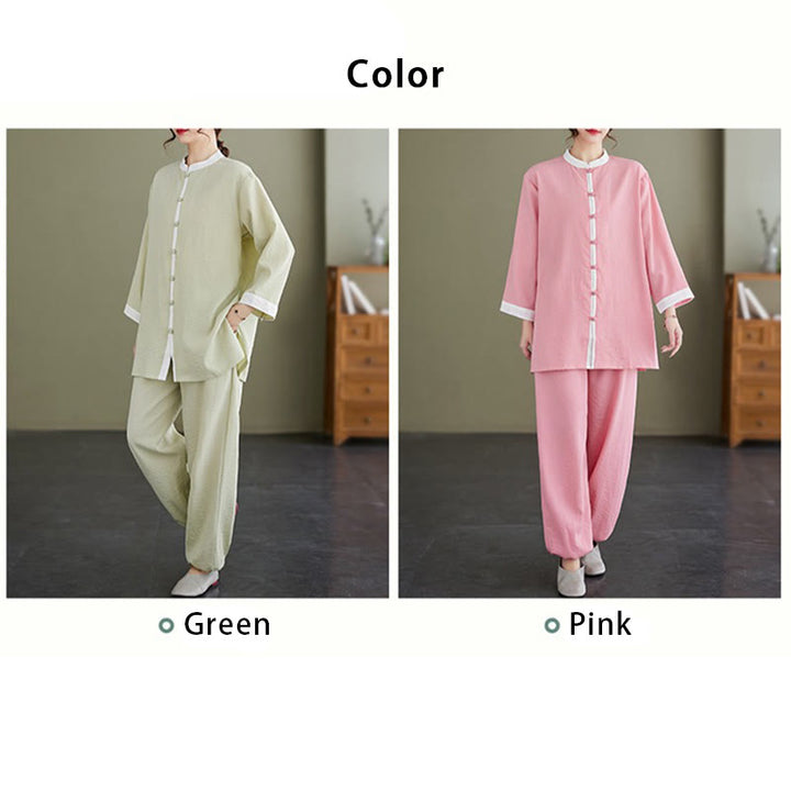 Ensemble 2 pièces vintage en Buddha Stones et lin avec chemise à manches longues et pantalon pour femme, style tai-chi, méditation, zen