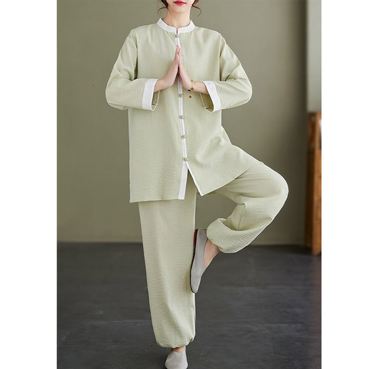 Ensemble 2 pièces vintage en Buddha Stones et lin avec chemise à manches longues et pantalon pour femme, style tai-chi, méditation, zen