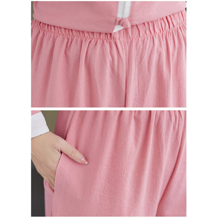 Ensemble 2 pièces vintage en Buddha Stones et lin avec chemise à manches longues et pantalon pour femme, style tai-chi, méditation, zen