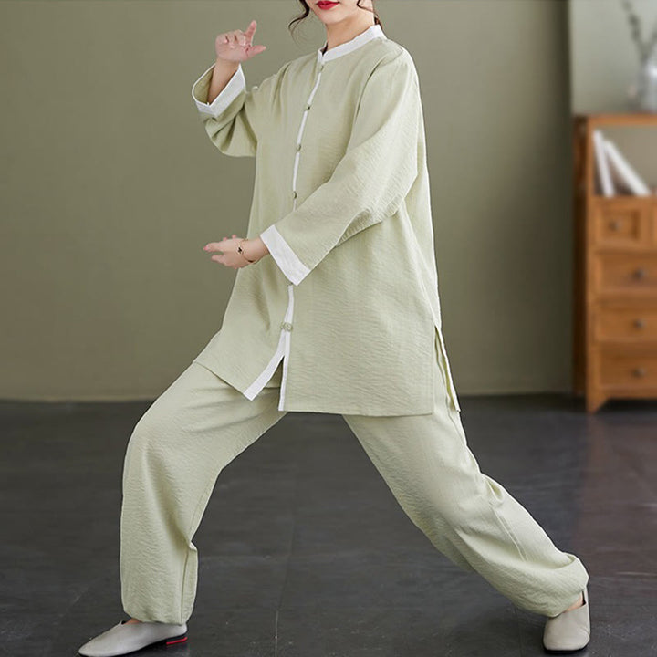 Ensemble 2 pièces vintage en Buddha Stones et lin avec chemise à manches longues et pantalon pour femme, style tai-chi, méditation, zen