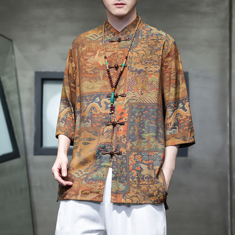T-shirt à manches trois-quarts pour homme avec motif de dragon chinois et paysage de Buddha Stones