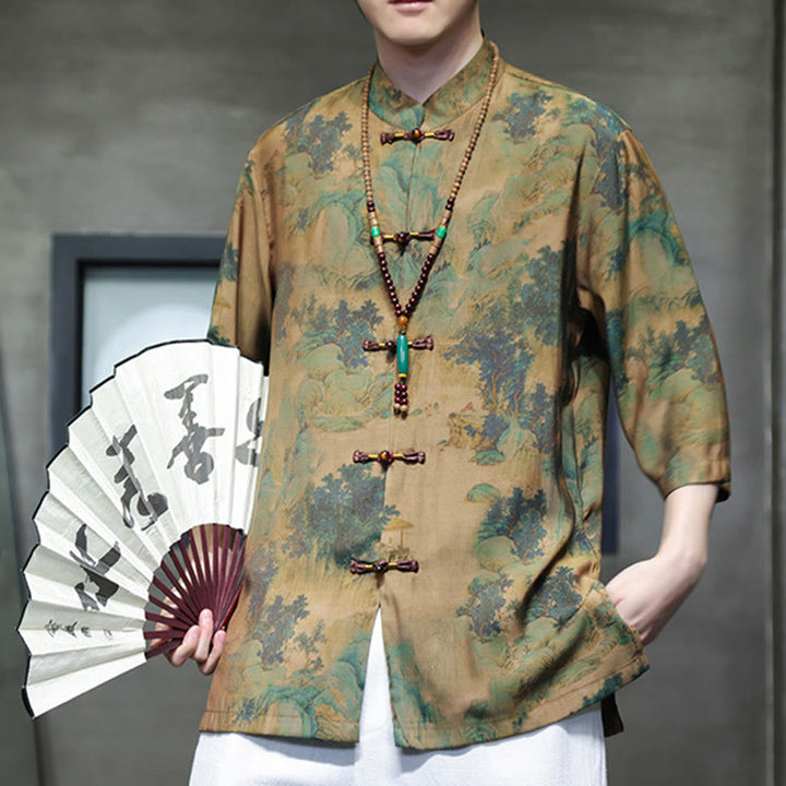 T-shirt à manches trois-quarts pour homme avec motif de dragon chinois et paysage de Buddha Stones