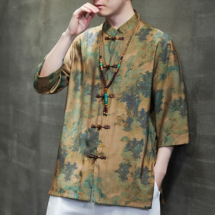 T-shirt à manches trois-quarts pour homme avec motif de dragon chinois et paysage de Buddha Stones