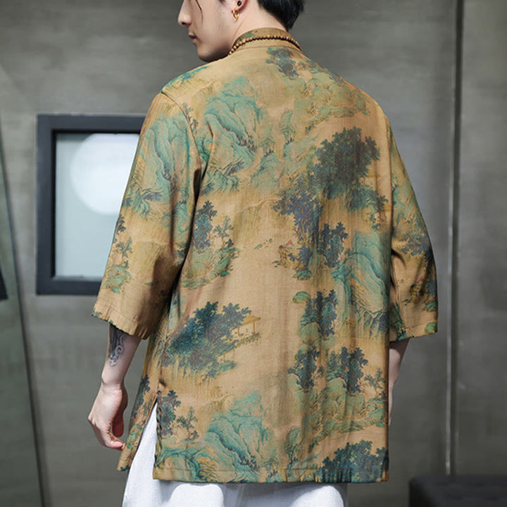 T-shirt à manches trois-quarts pour homme avec motif de dragon chinois et paysage de Buddha Stones