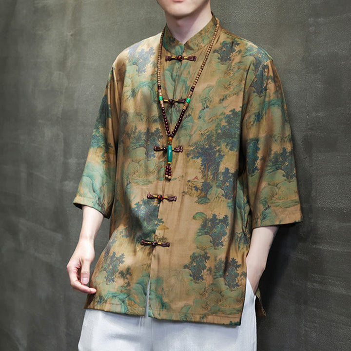 T-shirt à manches trois-quarts pour homme avec motif de dragon chinois et paysage de Buddha Stones