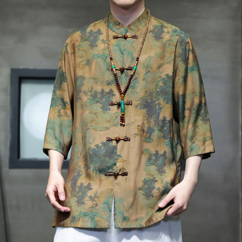 T-shirt à manches trois-quarts pour homme avec motif de dragon chinois et paysage de Buddha Stones