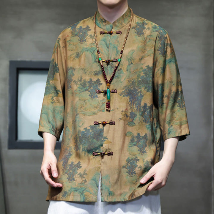 T-shirt à manches trois-quarts pour homme avec motif de dragon chinois et paysage de Buddha Stones