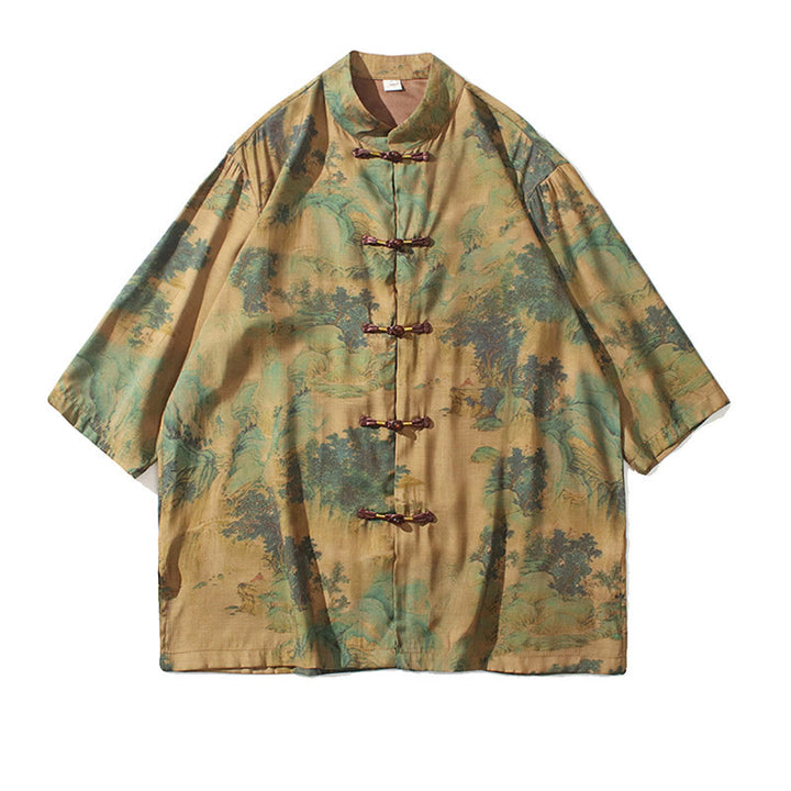 T-shirt à manches trois-quarts pour homme avec motif de dragon chinois et paysage de Buddha Stones