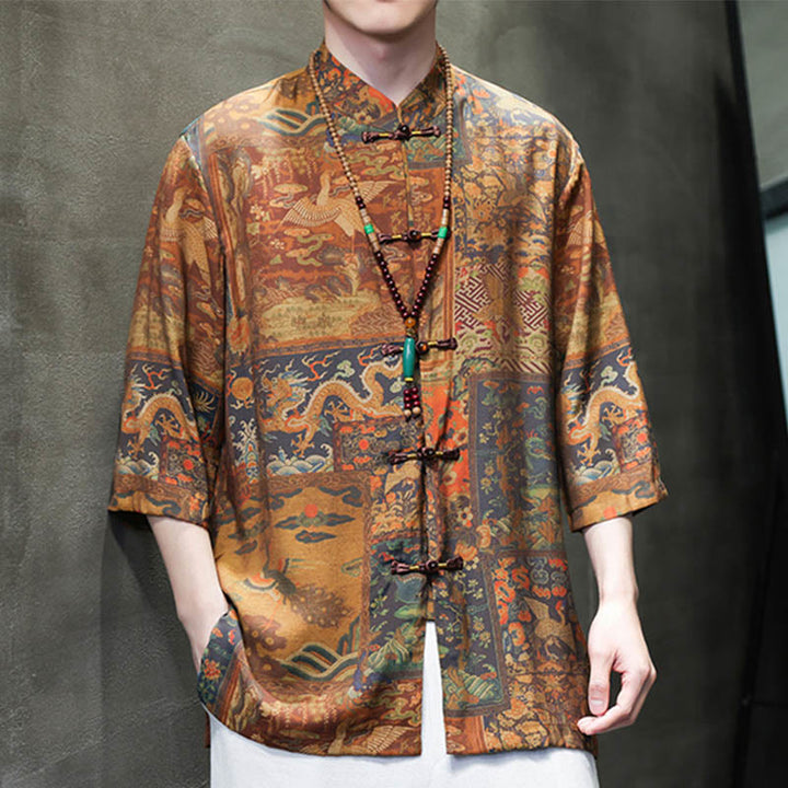 T-shirt à manches trois-quarts pour homme avec motif de dragon chinois et paysage de Buddha Stones