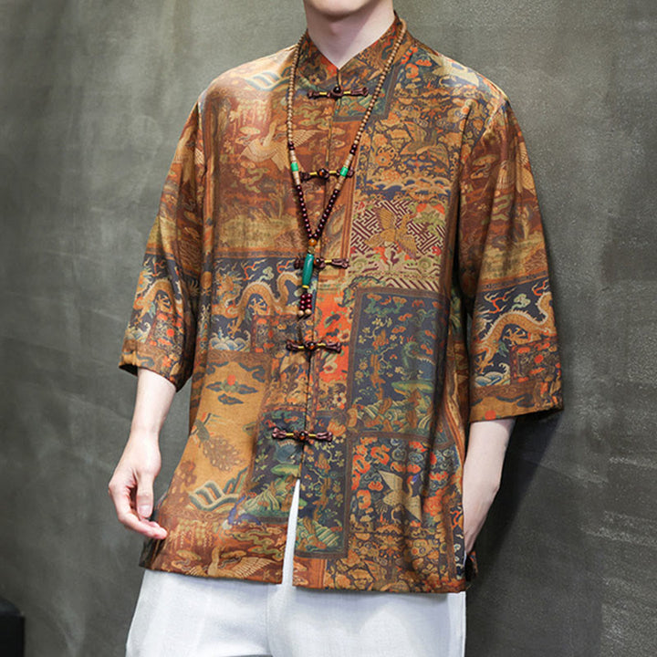 T-shirt à manches trois-quarts pour homme avec motif de dragon chinois et paysage de Buddha Stones