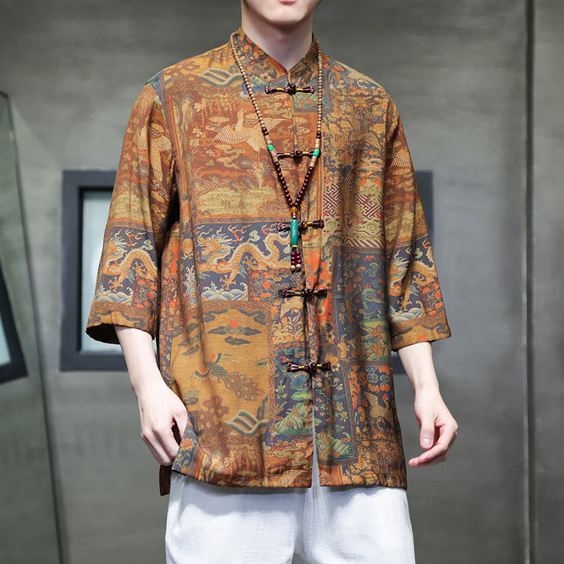 T-shirt à manches trois-quarts pour homme avec motif de dragon chinois et paysage de Buddha Stones