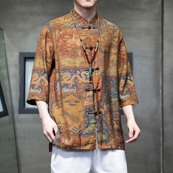 T-shirt à manches trois-quarts pour homme avec motif de dragon chinois et paysage de Buddha Stones