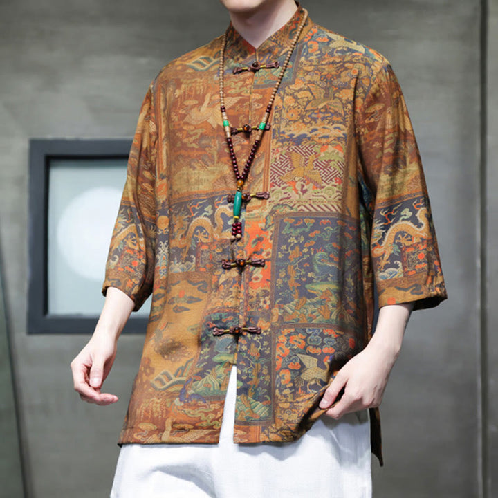 T-shirt à manches trois-quarts pour homme avec motif de dragon chinois et paysage de Buddha Stones