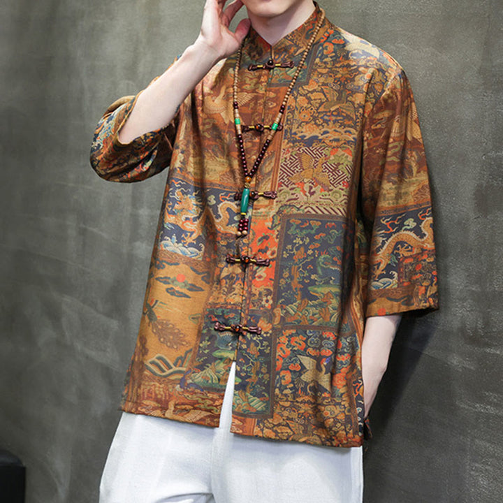 T-shirt à manches trois-quarts pour homme avec motif de dragon chinois et paysage de Buddha Stones