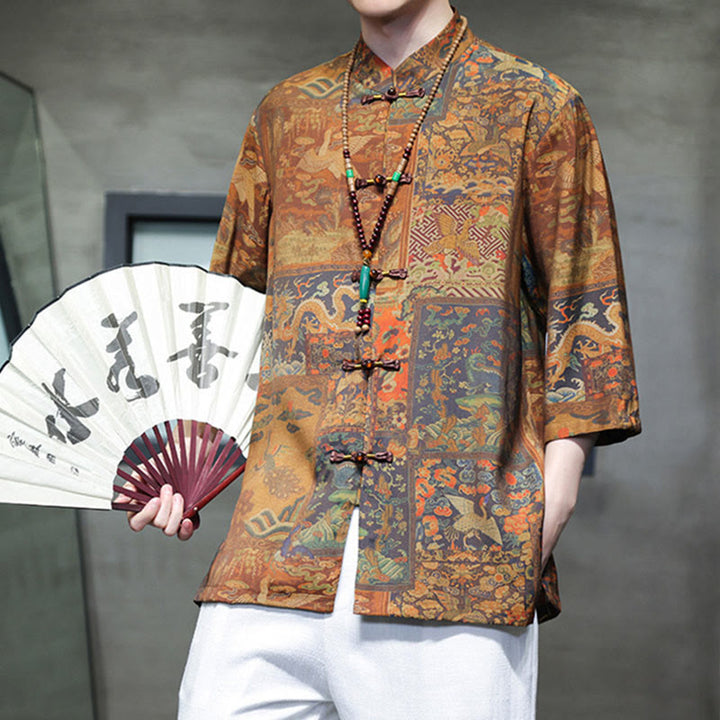 T-shirt à manches trois-quarts pour homme avec motif de dragon chinois et paysage de Buddha Stones