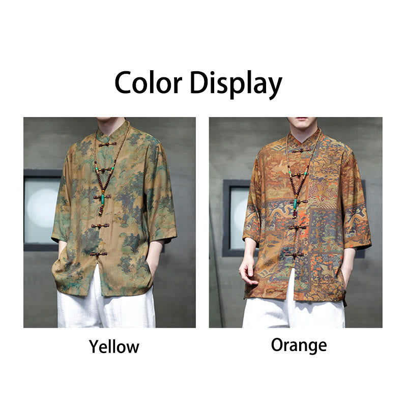 T-shirt à manches trois-quarts pour homme avec motif de dragon chinois et paysage de Buddha Stones