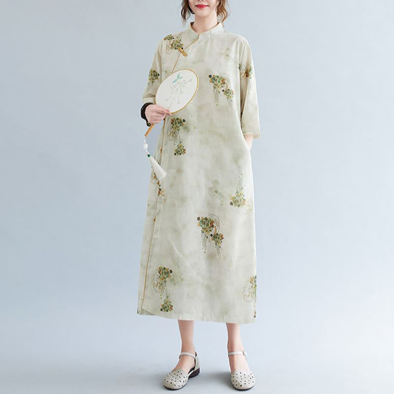 Robe mi-longue à manches trois-quarts avec poches et imprimé Buddha Stones Flowers Green Yellow Leaves - 2XL(Buste 114cm/Épaule 43cm/Longueur 118cm) - image 0