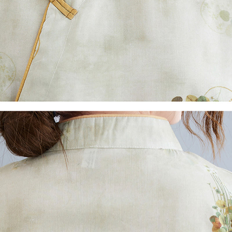 Robe mi-longue à manches trois-quarts avec poches et imprimé Buddha Stones Flowers Green Yellow Leaves - image 8