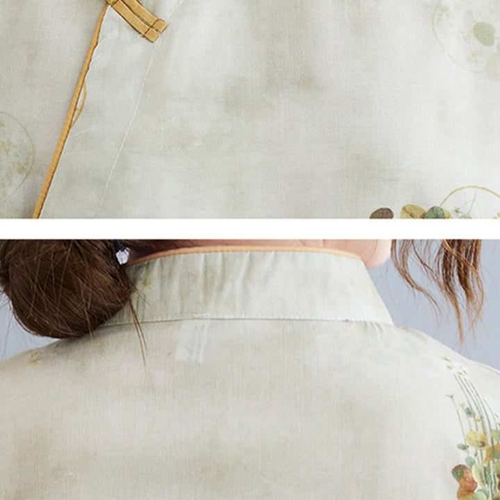 Robe mi-longue à manches trois-quarts avec poches et imprimé Buddha Stones Flowers Green Yellow Leaves - image 8